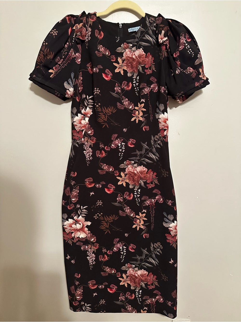 ANTONIO MELANI Black Floral Midi Dress with Pink and Cream Blooms